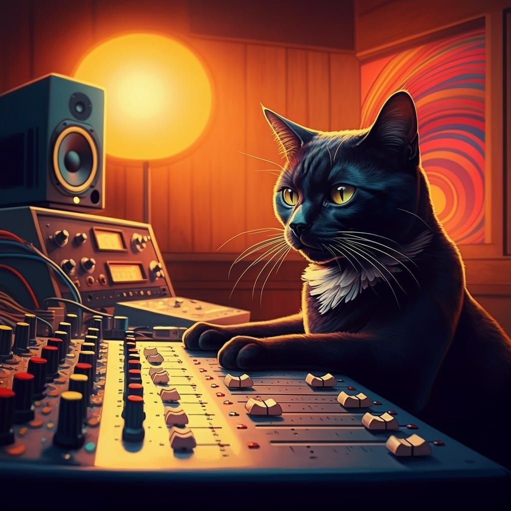 Psychedelic Bombay Cat Audio Engineer in Retro Studio