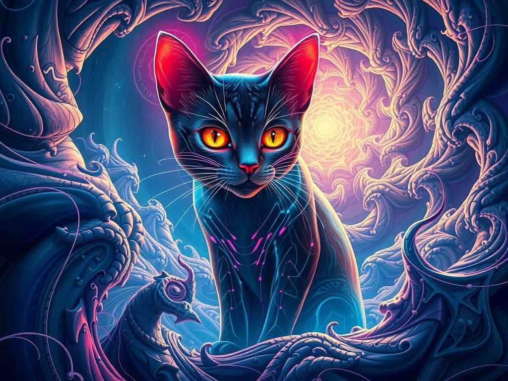 Futuristic Holographic Cyberpunk Cat in Fractal Landscape