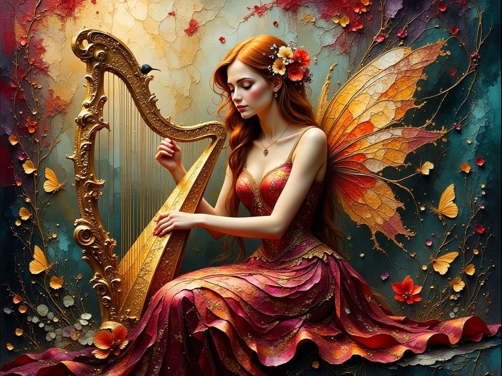 Auburn Haired Fairy Plays Harp as Impasto Painting