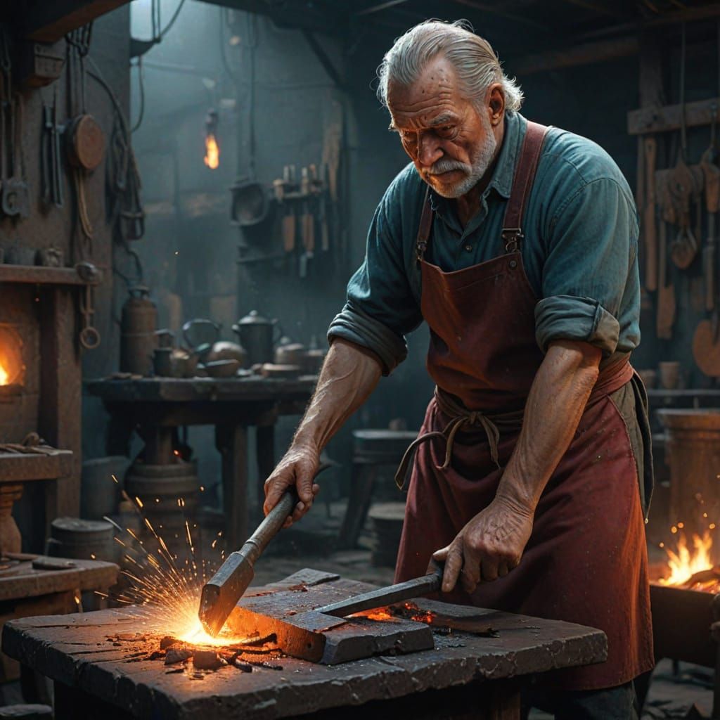Golden Age Blacksmith in Fiery Workshop