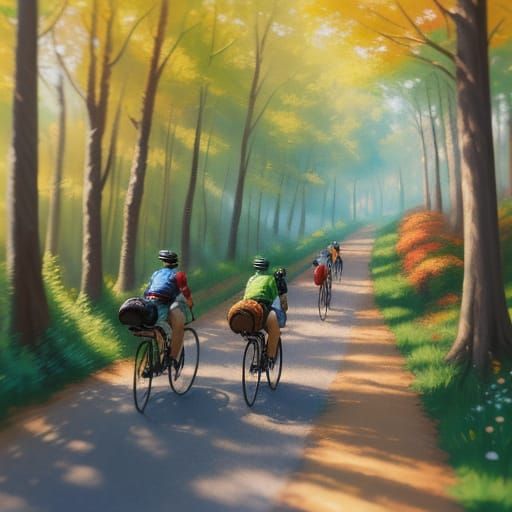 Dogs Cycling Through Sun-Dappled Forest in Impressionistic S...