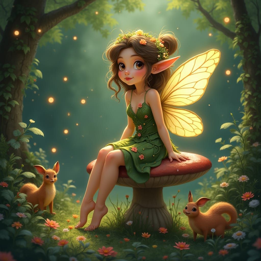 Disney-Style Forest Fairy on Mushroom Throne