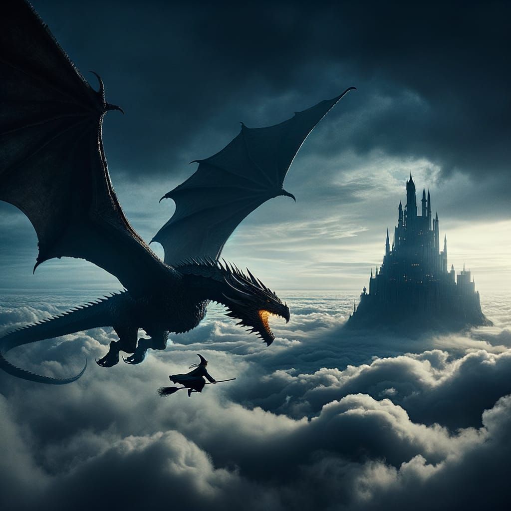 Dragon and Wizard Soaring Towards Cloud Castle