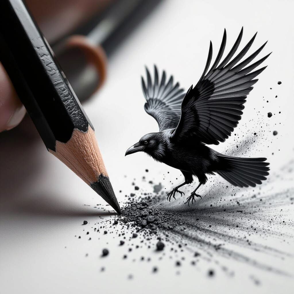 Charcoal Raven Sketch Comes Alive in Macro Realism