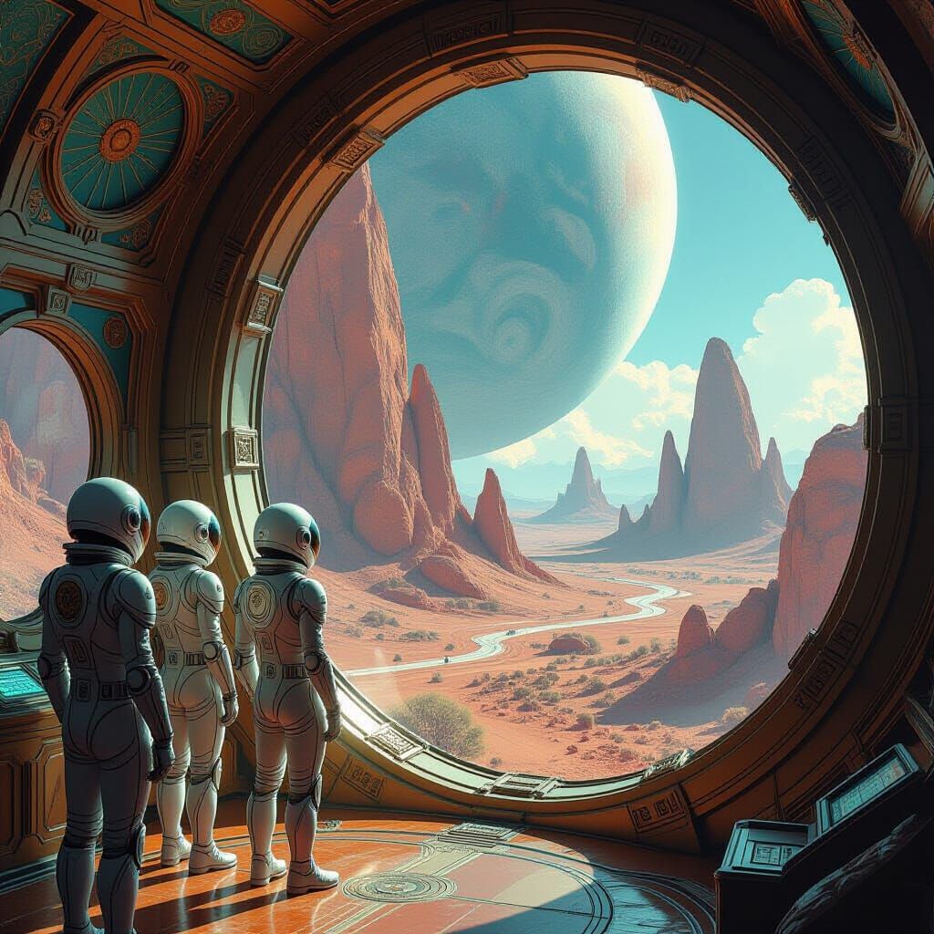 Explorers Discover Alien Planet in Art Nouveau Rocket