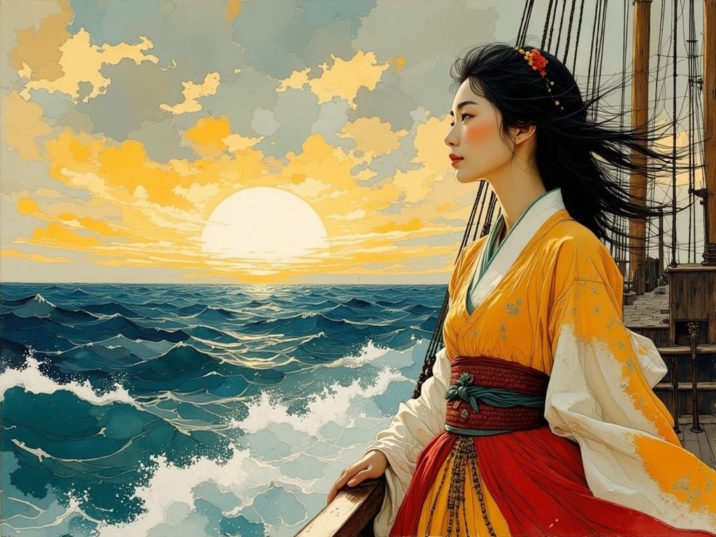 Young Woman Sails into the Sunset in Vibrant Hanbok