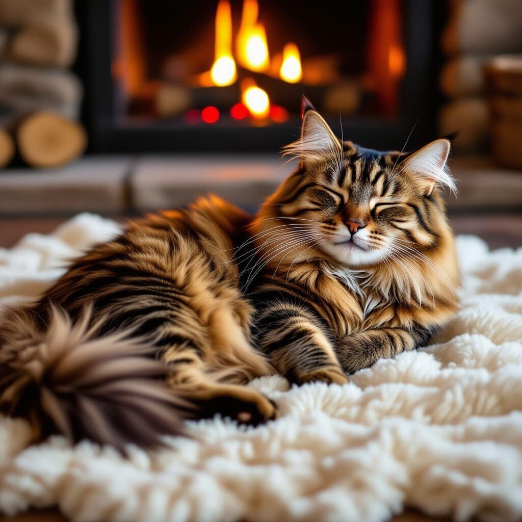 Cozy Tabby Cat Bathed in Firelight
