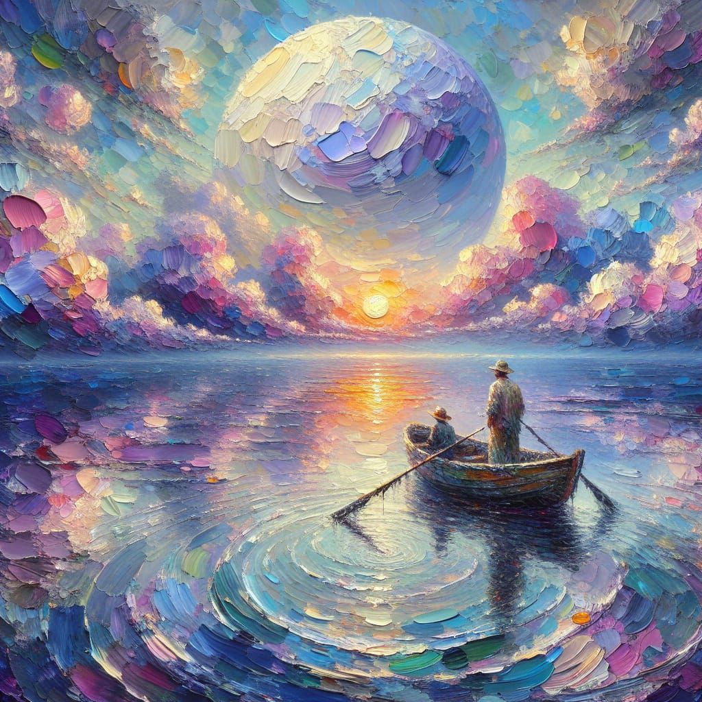 Serene Morning Fishing Scene in Impasto Oil Painting