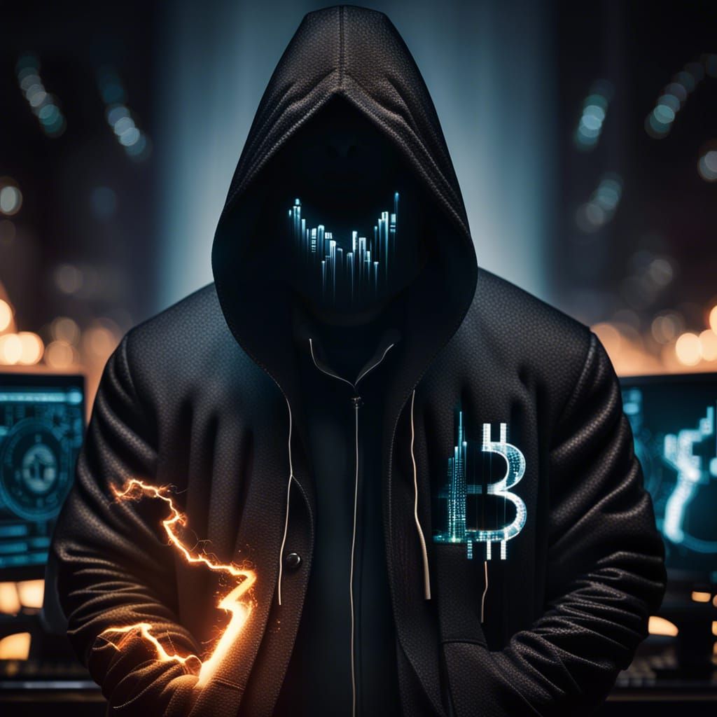 Hacker in Dark City with Bitcoin Logo