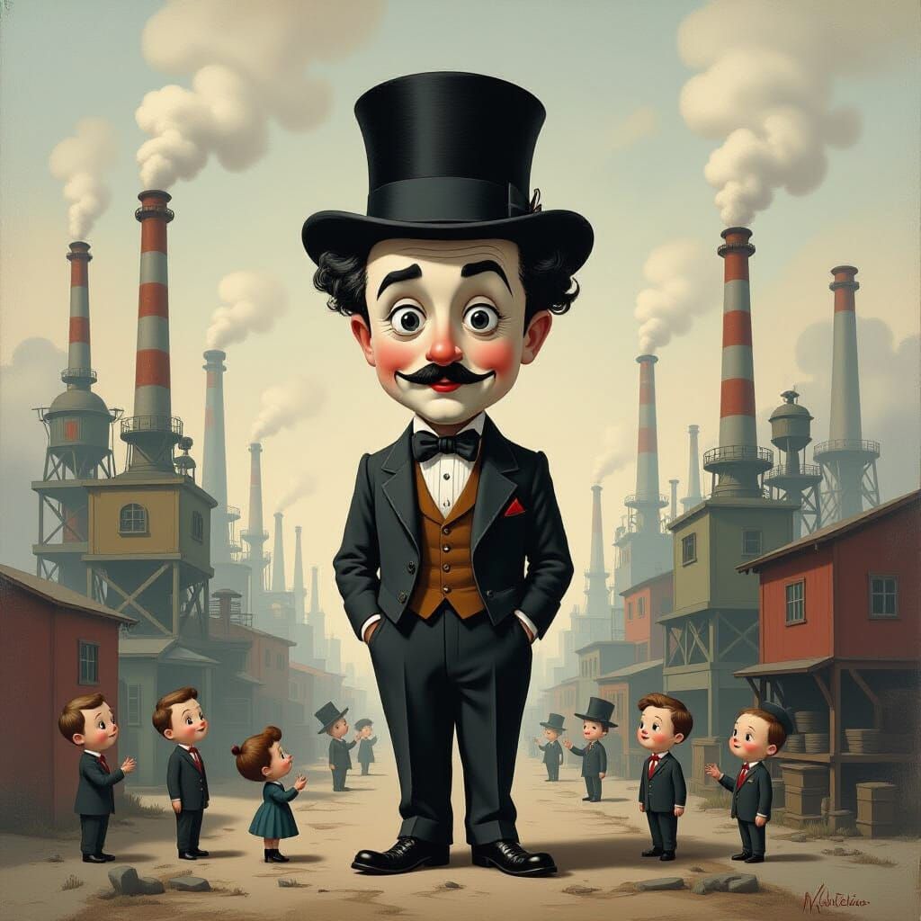 Surreal Charlie Chaplin in Whimsical Factory Painting