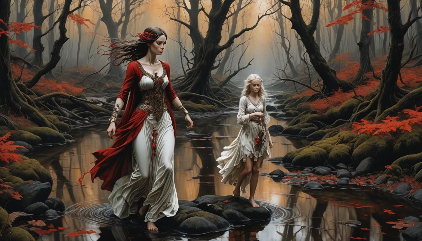 Woman in Dark Forest, Classic Art Style