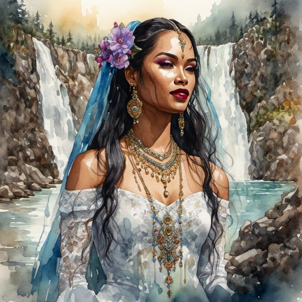 Ornate Persian Princess in Watercolor Landscape
