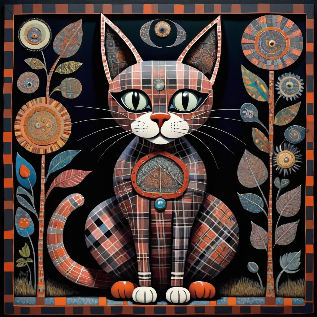 Whimsical Plaid Cat in Folk Art Style