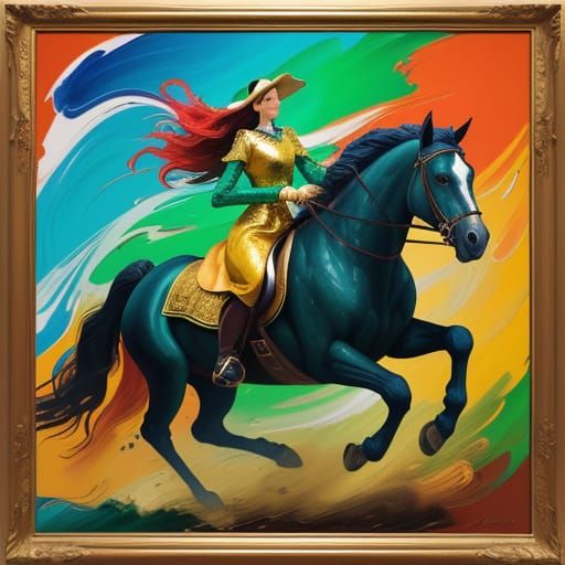 Woman on Horse in Abstract Oil Painting Style