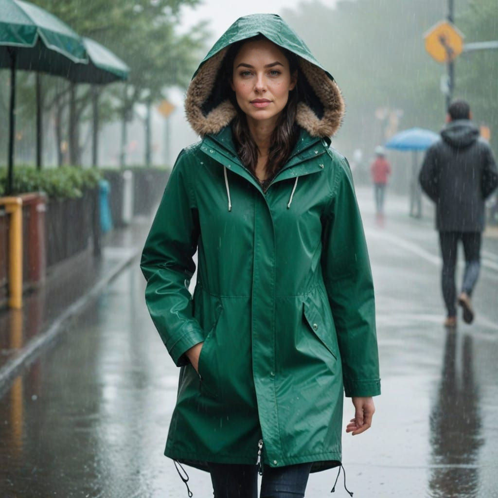 Woman Walking in Rainy Mid Green Coat