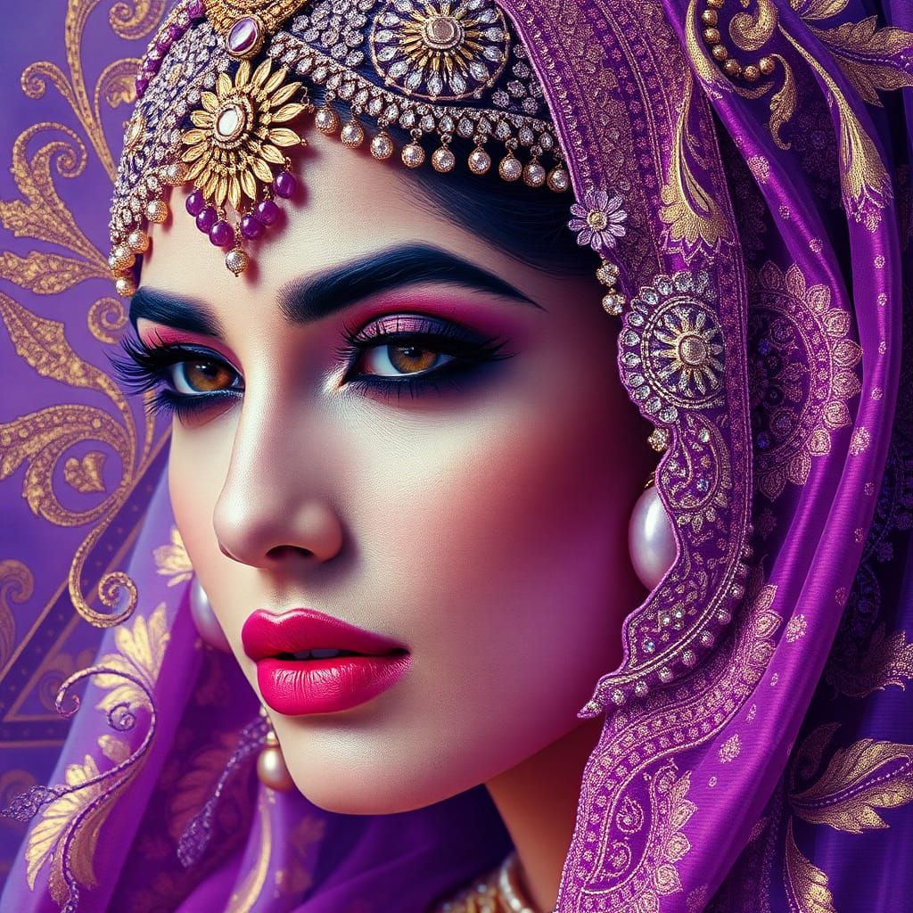 Hyper Realistic Indian Actress in Art Deco Style with Violet...