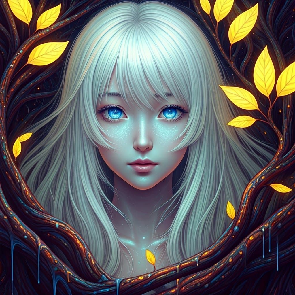 Ethereal Woman with Glowing Foliage: Surreal Digital Art