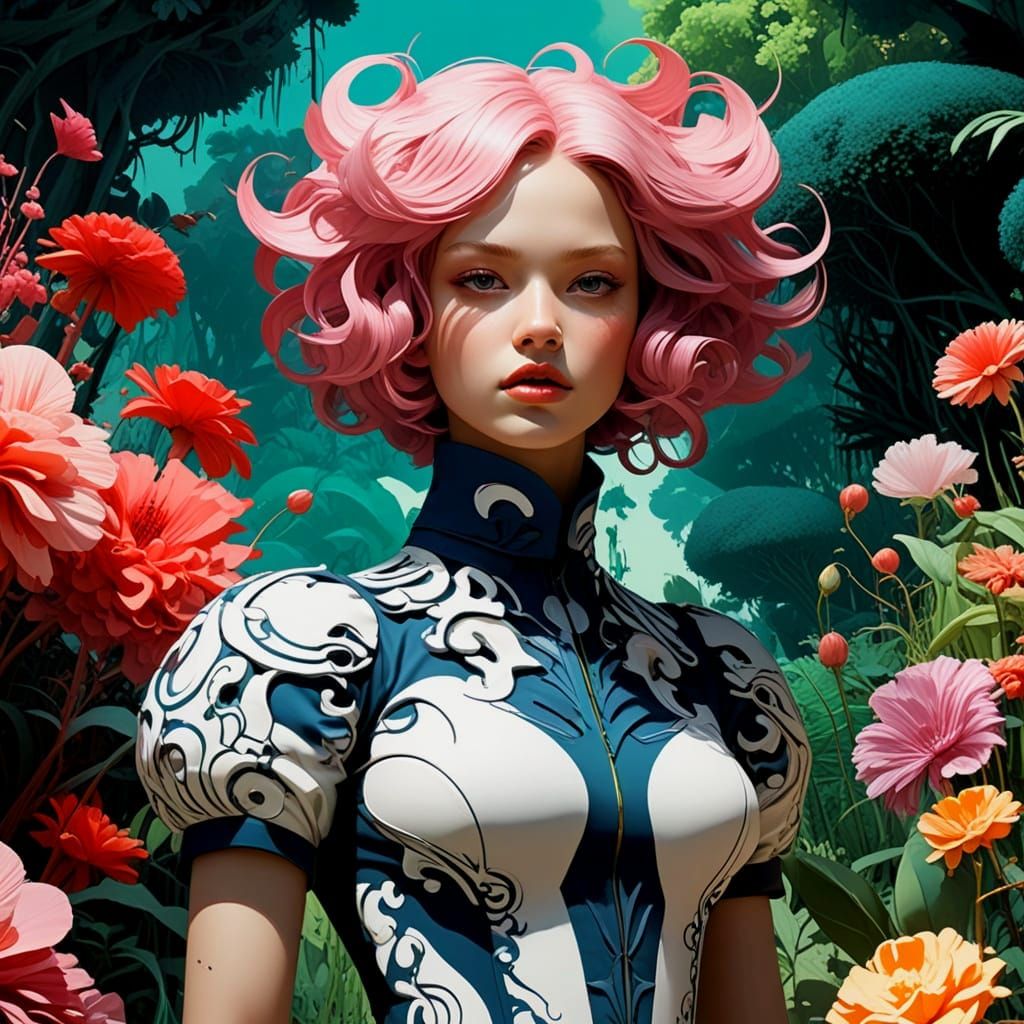 Surreal Goddess in a Vibrant, Hypermaximalist Garden