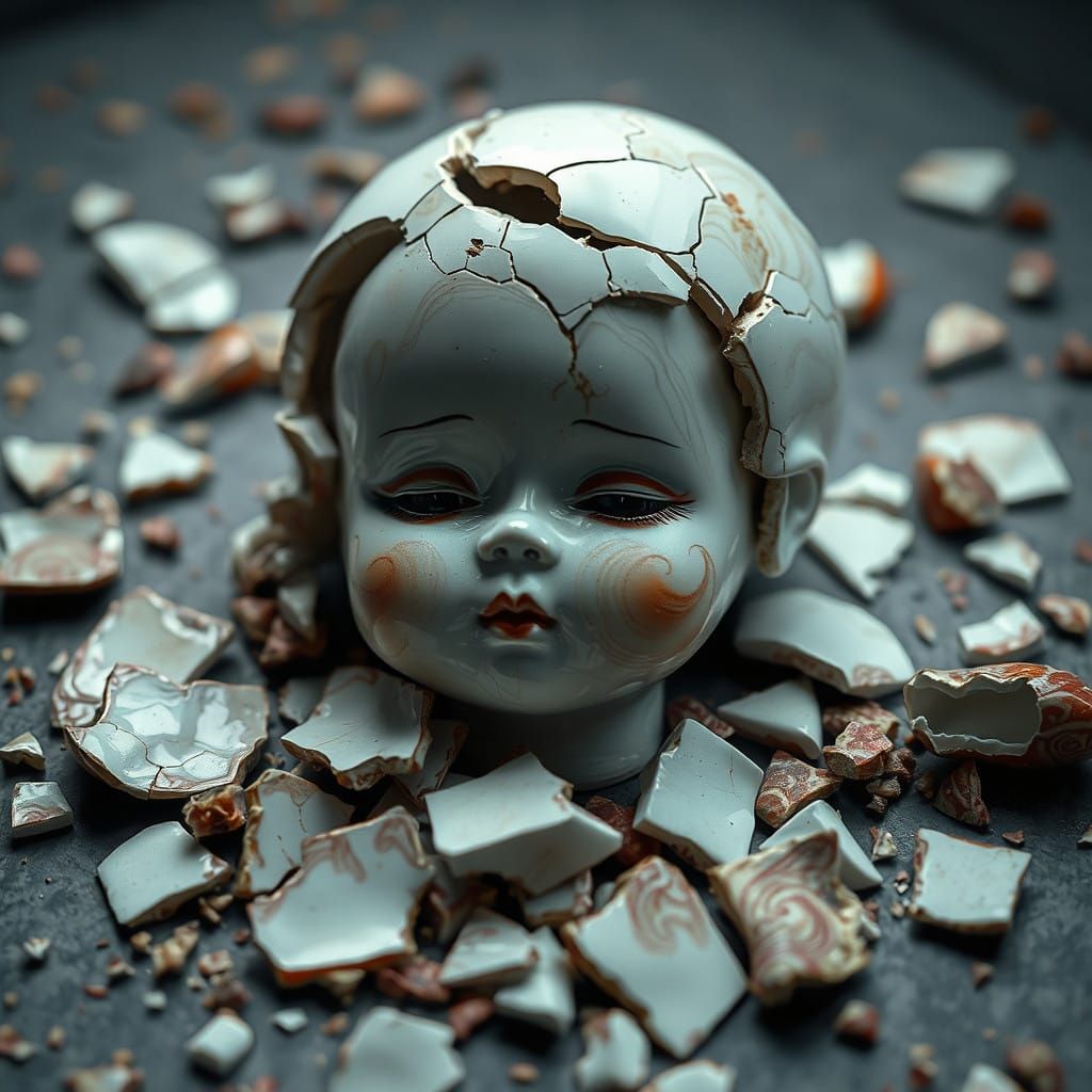 Chinese Porcelain Doll Shattered, Hyper-Realistic Matte Pain...