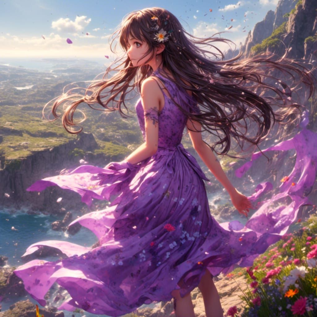 Anime Girl on Flowered Cliff in Fantasy Style