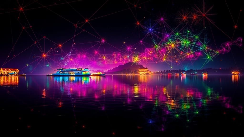 Geometric Dal Lake in Fluorescent Colors, Hyperrealistic Art