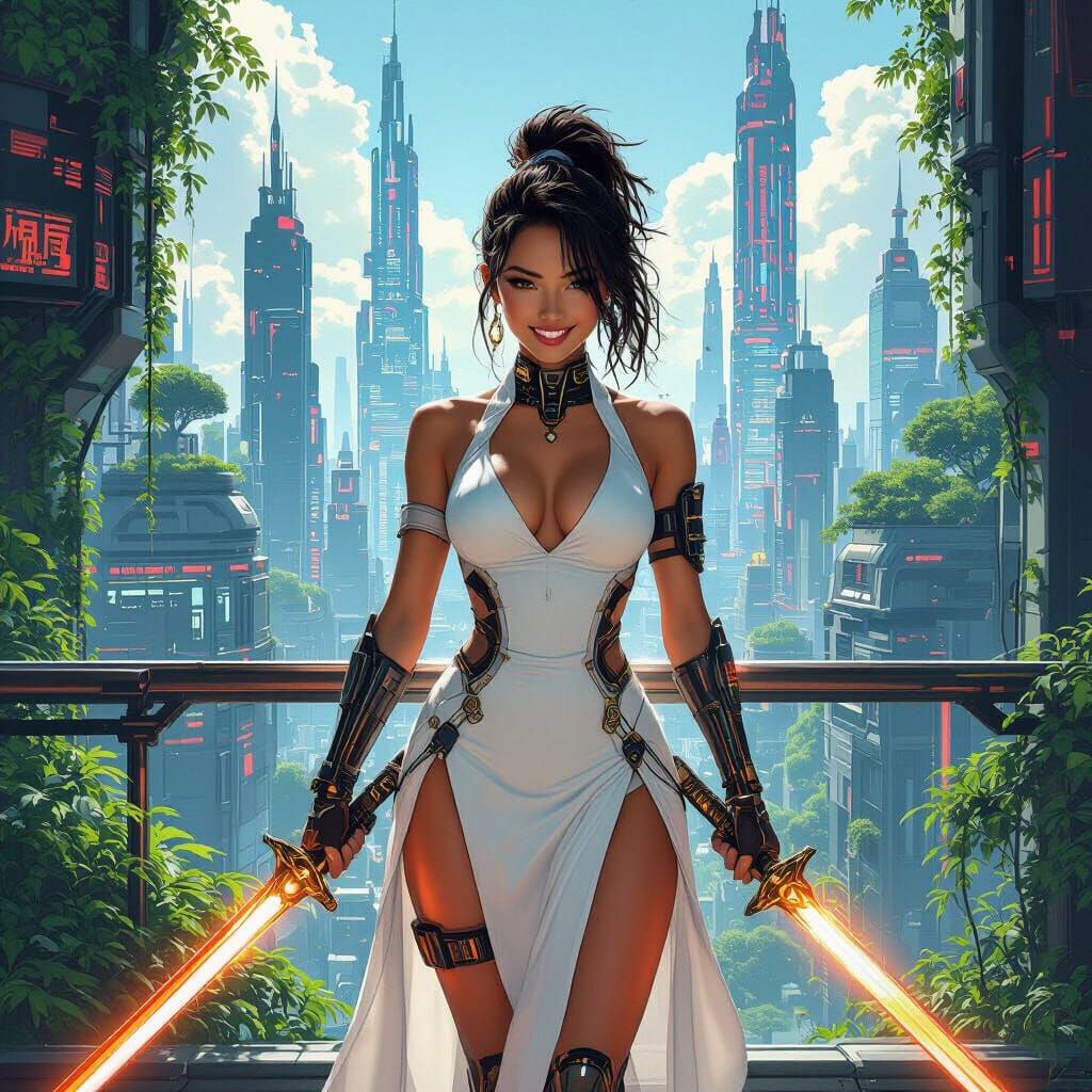 Cyberpunk-Solarpunk Warrior With Glowing Swords