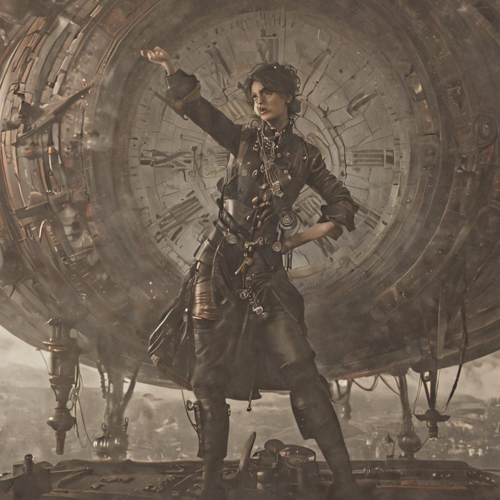 Surreal Clockpunk Woman in Retrofuturistic Airship Gondula