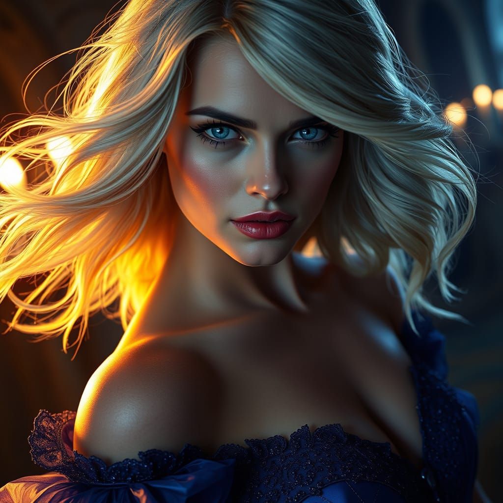 A captivating portrait of Margot Robbie, her platinum blonde...