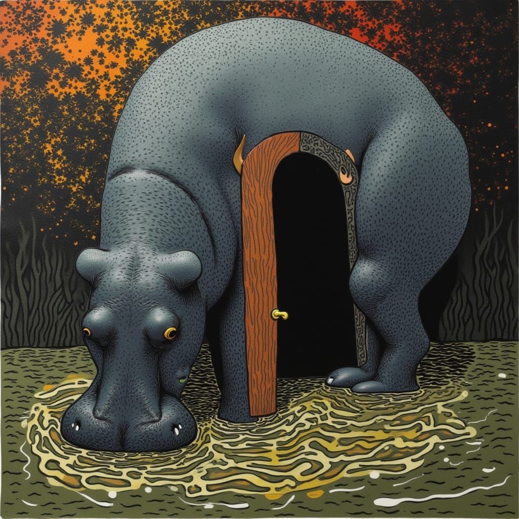 Unsettling Scene: Door in Hippopotamus, Stylized Cartoon Rea...