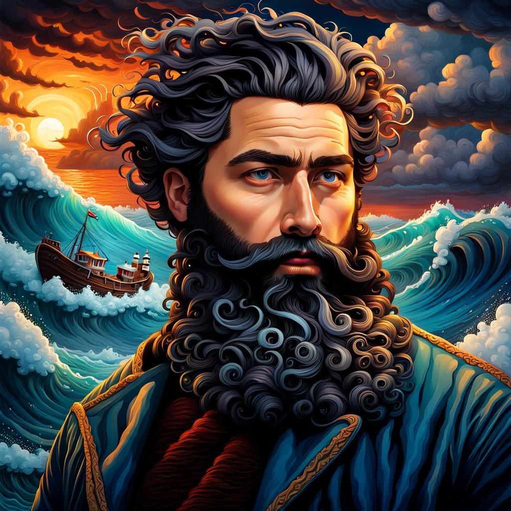 Surreal Seascape Beard with Ships in Visionary Art