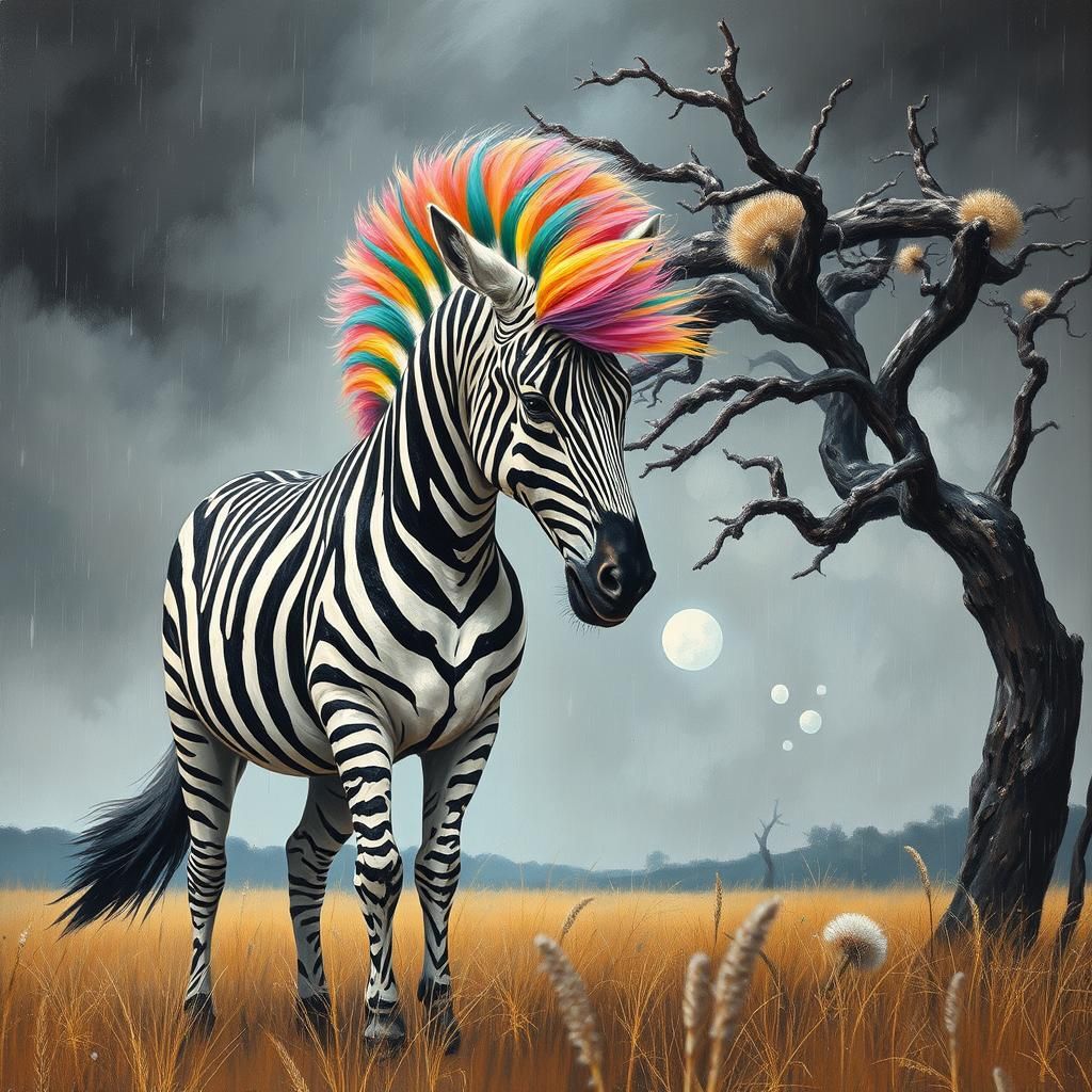 Rainbow Zebra in Stormy Field as Impasto Painting