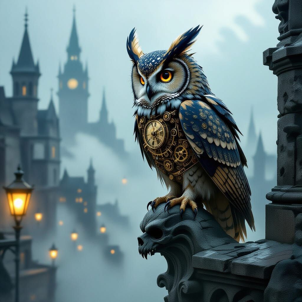 Clockwork Owl on Gargoyle in Foggy Victorian City