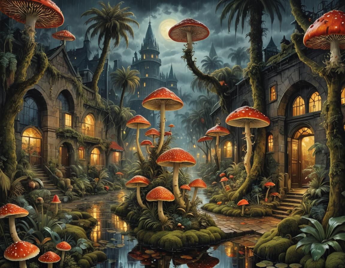 Surreal Mushroomscape Under Moonlight: Digital Gothic Fantas...