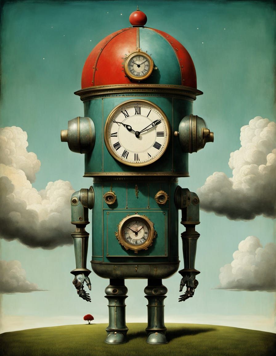 Futuristic Robot Posts Letter in Dreamlike Clockwork Landsca...