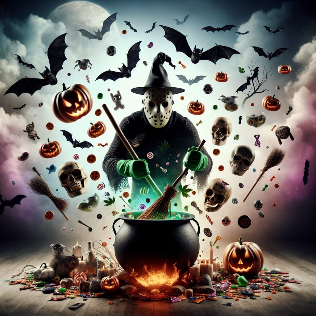 Halloween Cauldron Explosion with Masked Figure