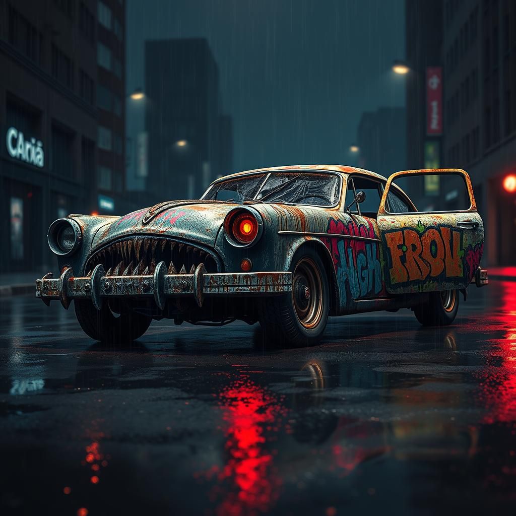 Menacing Car with Graffiti in Grimy, Futuristic Style