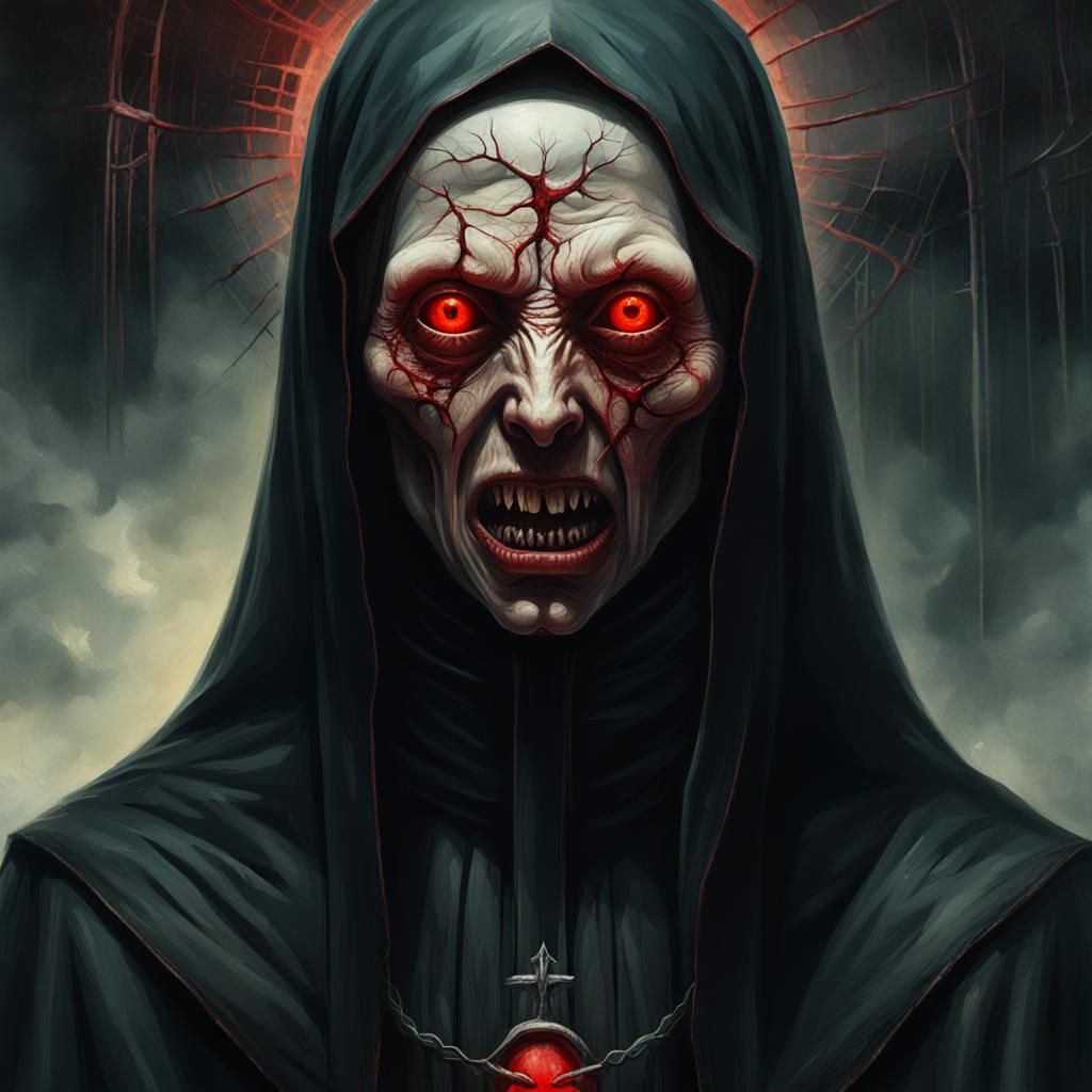 Frightened Nun with Red Eyes in Dark Fantasy Style