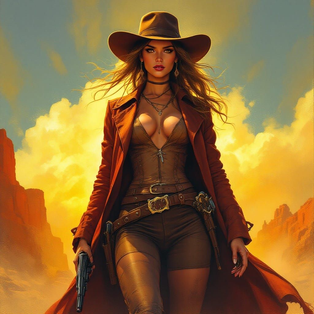 Confident Woman Gunslinger in Wild West