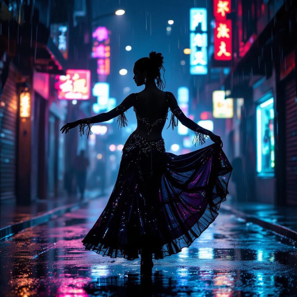 Solitary Dancer in Neon Alleyway, Film Noir Style