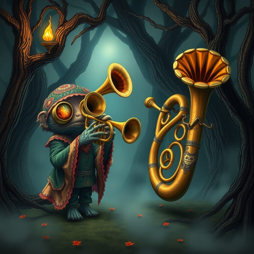 Monster Jazz Band in Fog-Shrouded Forest