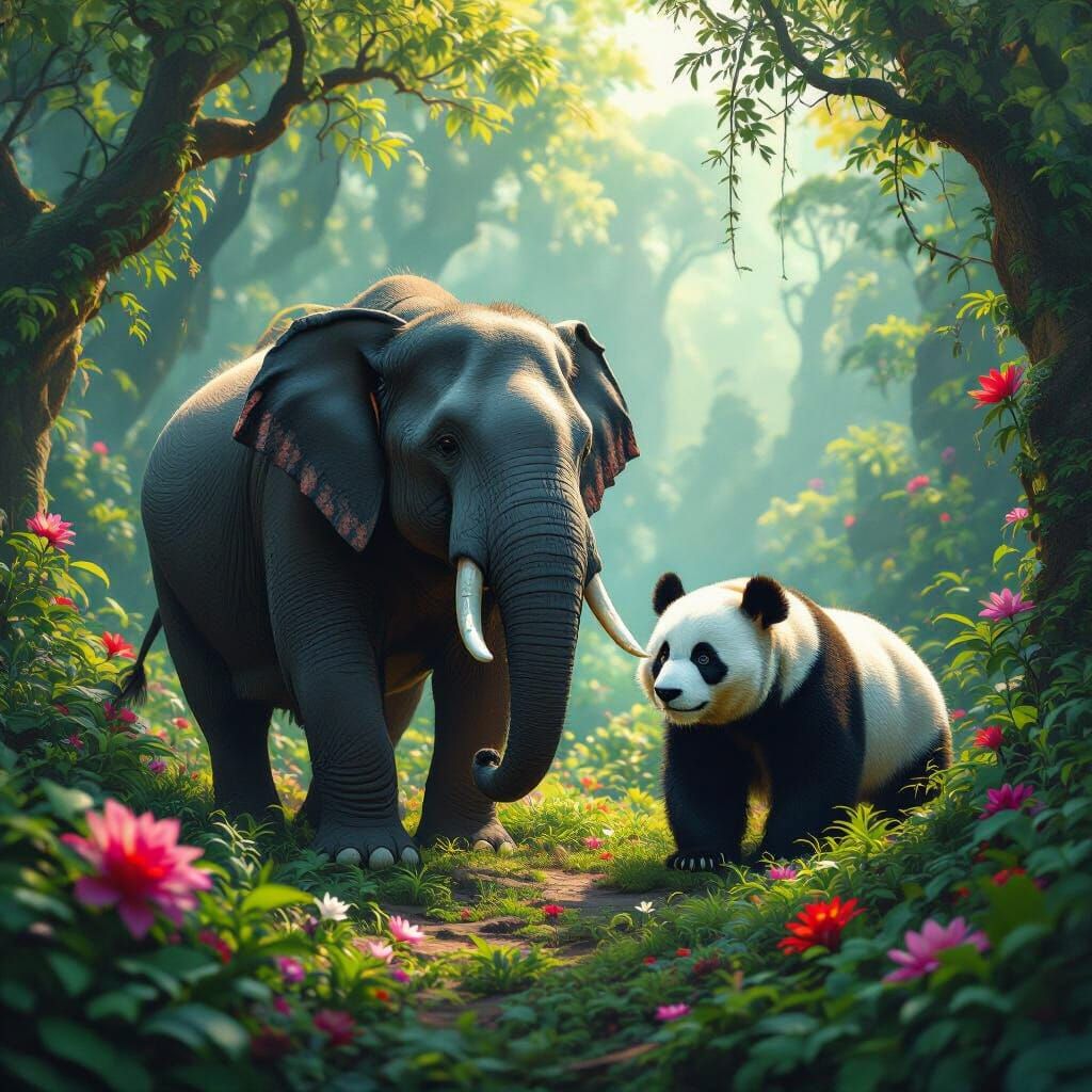 Majestic Elephant Panda Hybrid in Mystical Forest
