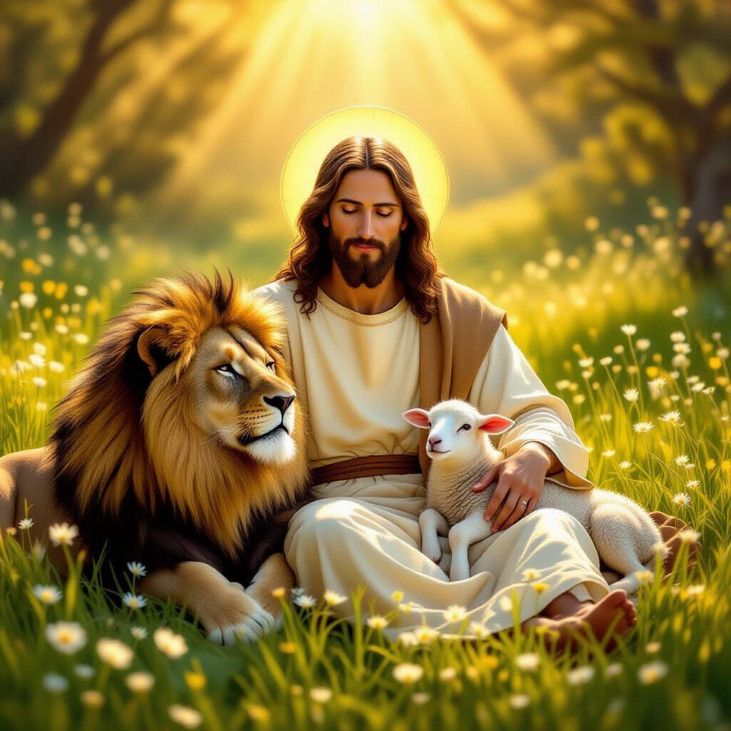 Jesus Christ with Lion and Lamb in Meadow, Renaissance Style