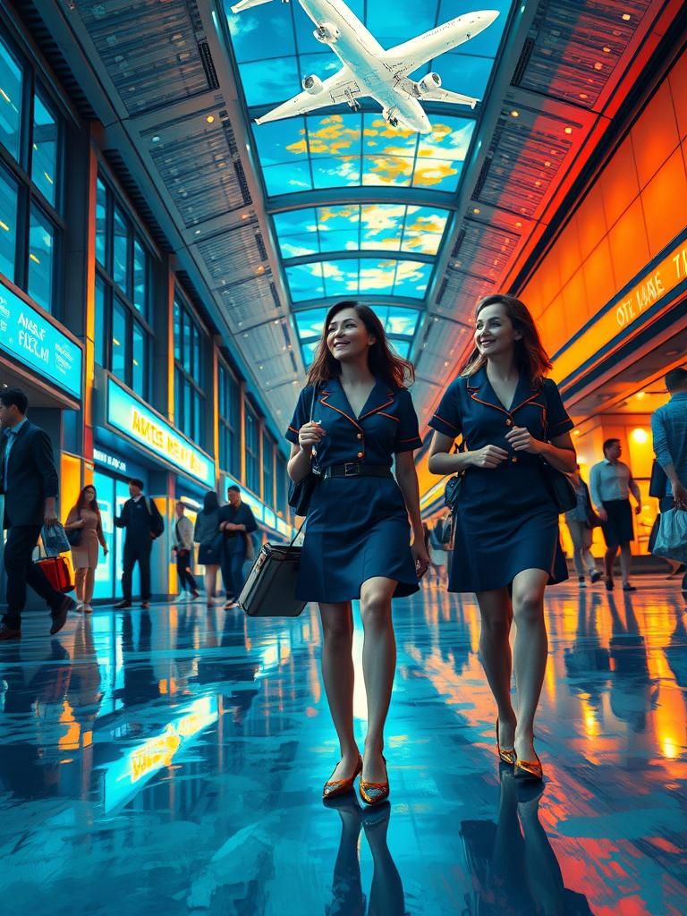 Stewardesses in Airport: Neo-Impressionist Painting