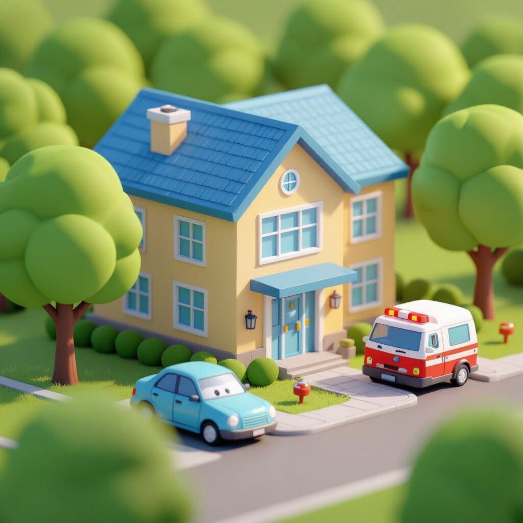 Whimsical 3D Clinic Illustration with Cartoonish Style