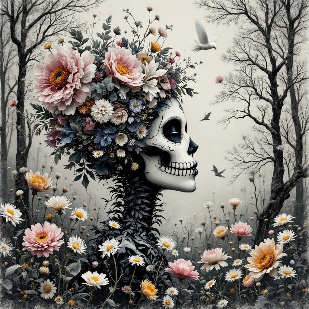 Ornate Sugar Skull in Dandelion Dreamscape