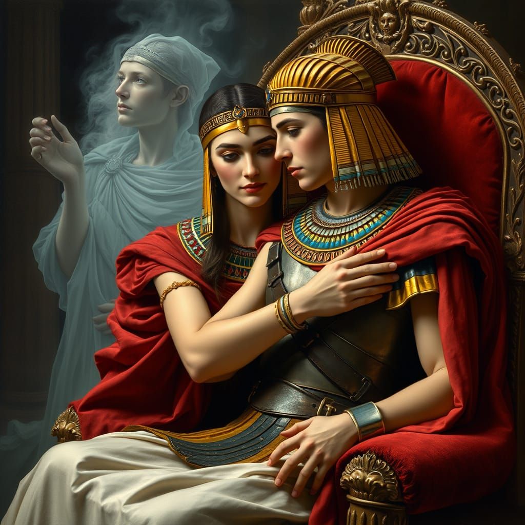 Egyptian Queen and Roman Soldier in Ethereal Embrace