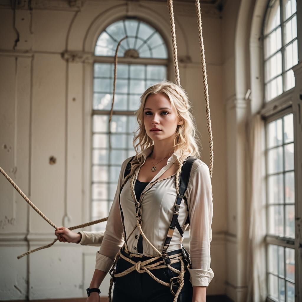 Elegant Woman in Rope Harness, Ballroom Photography