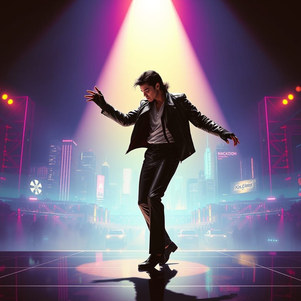 Michael Jackson Moonwalk in Dreamlike Cyberpunk Style