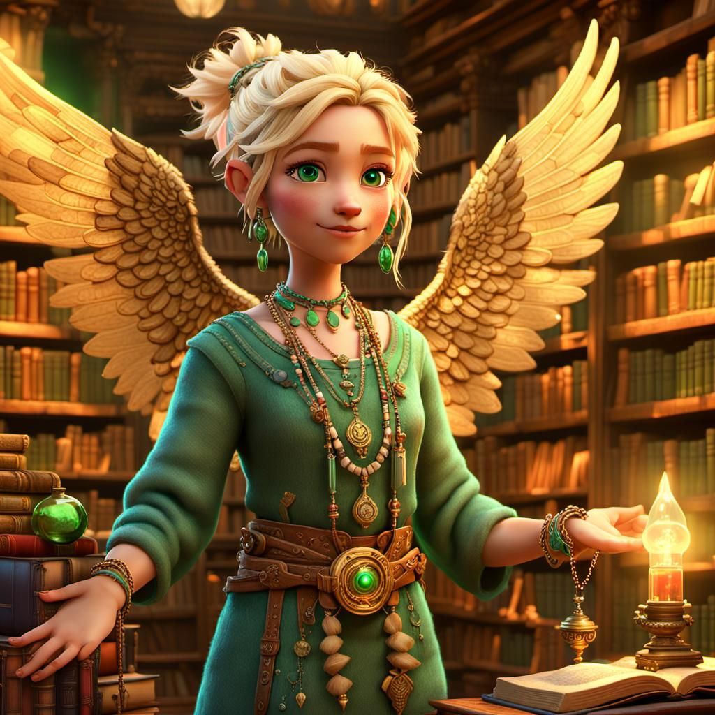 Punky Pixie in Magical Library: 3D Fantasy Art