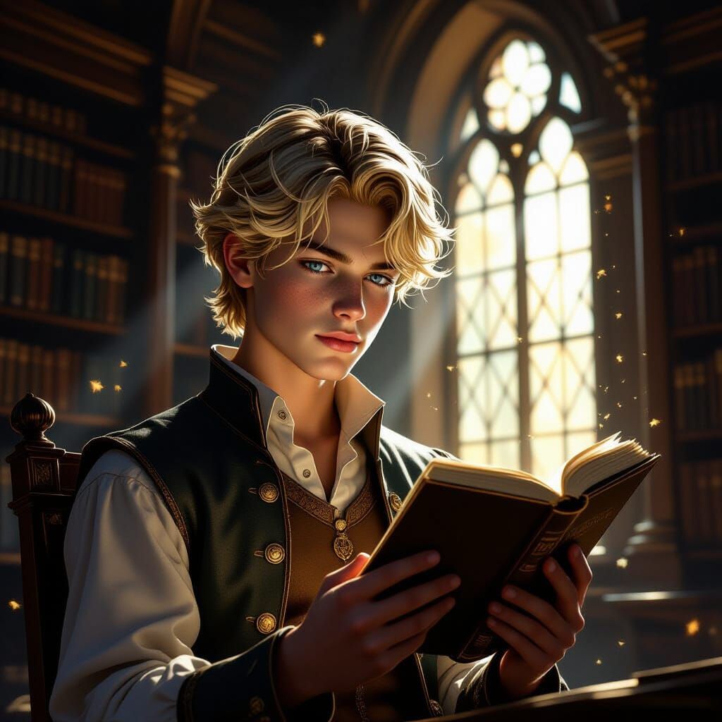Boy Reading in Grand Library, Dramatic Lighting